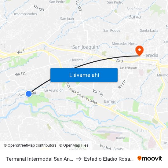 Terminal Intermodal San Antonio De Belén to Estadio Eladio Rosabal Cordero map