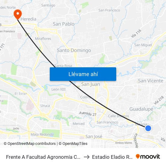 Frente A Facultad Agronomía Campus Ucr, Montes De Oca to Estadio Eladio Rosabal Cordero map