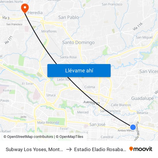 Subway Los Yoses, Montes De Oca to Estadio Eladio Rosabal Cordero map