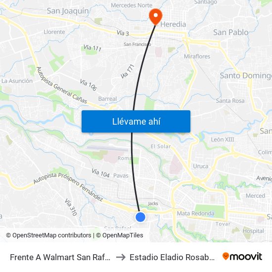 Frente A Walmart San Rafael, Escazú to Estadio Eladio Rosabal Cordero map
