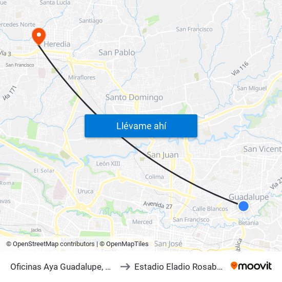 Oficinas Aya Guadalupe, Goicoechea to Estadio Eladio Rosabal Cordero map