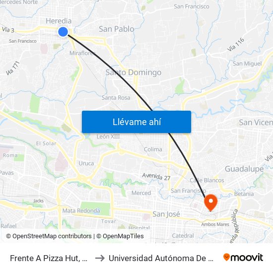 Frente A Pizza Hut, Heredia to Universidad Autónoma De Monterrey map