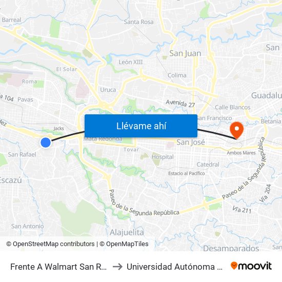 Frente A Walmart San Rafael, Escazú to Universidad Autónoma De Monterrey map