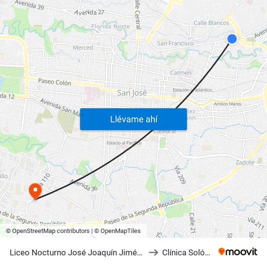 Liceo Nocturno José Joaquín Jiménez Nuñez, Guadalupe Goicoechea to Clínica Solón Núñez Frutos map