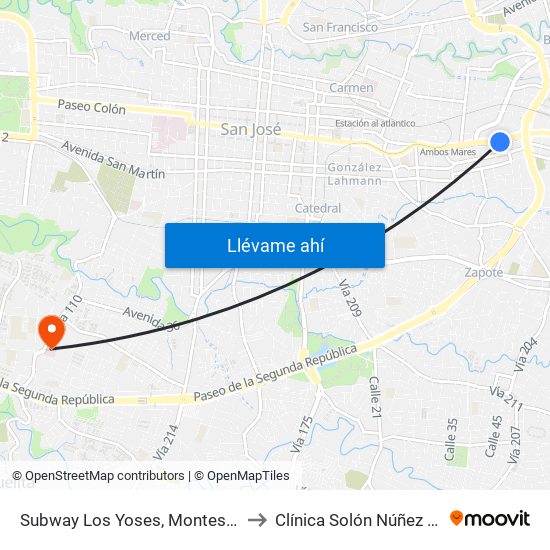 Subway Los Yoses, Montes De Oca to Clínica Solón Núñez Frutos map