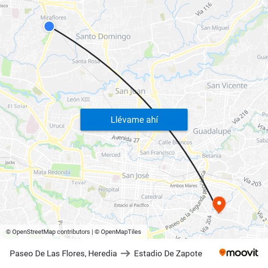 Paseo De Las Flores, Heredia to Estadio De Zapote map