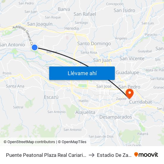 Puente Peatonal Plaza Real Cariari, Heredia to Estadio De Zapote map