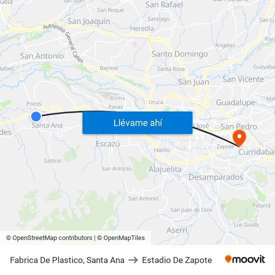 Fabrica De Plastico, Santa Ana to Estadio De Zapote map