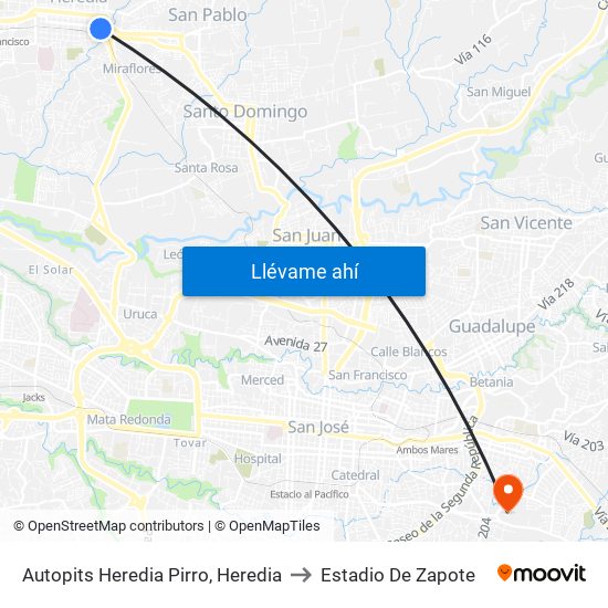 Autopits Heredia Pirro, Heredia to Estadio De Zapote map