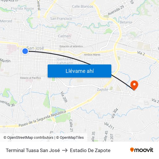 Terminal Tuasa San José to Estadio De Zapote map