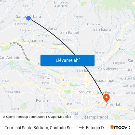 Terminal Santa Bárbara, Costado Sur Parque Santa Bárbara to Estadio De Zapote map