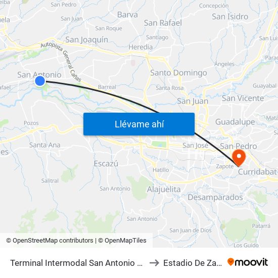 Terminal Intermodal San Antonio De Belén to Estadio De Zapote map