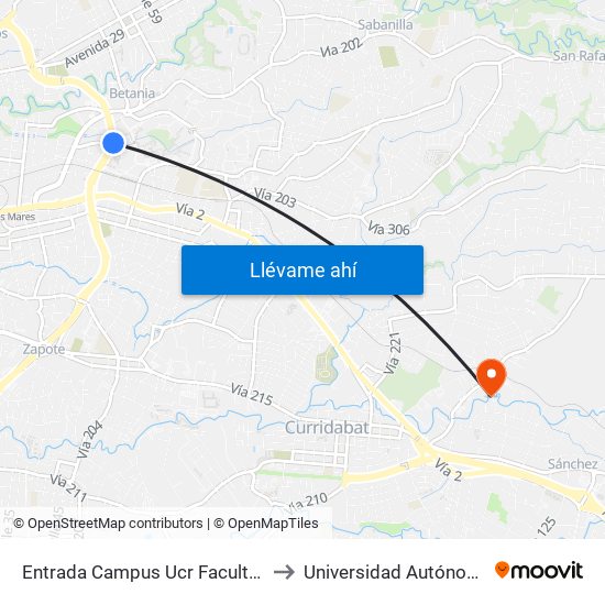 Entrada Campus Ucr Facultad Derecho, Montes De Oca to Universidad Autónoma De Centroamérica map