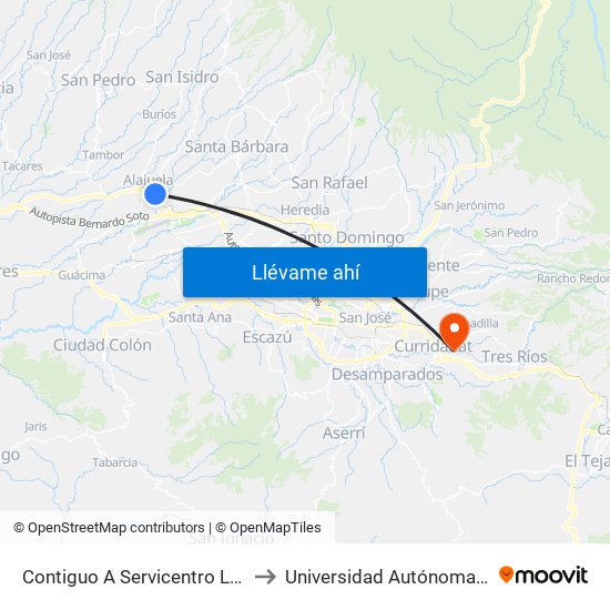 Contiguo A Servicentro La Tropicana, Alajuela to Universidad Autónoma De Centroamérica map
