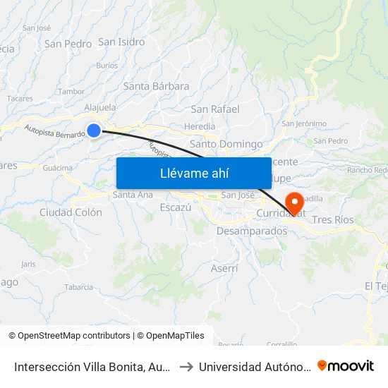 Intersección Villa Bonita, Autopista Bernardo Soto Alajuela to Universidad Autónoma De Centroamérica map