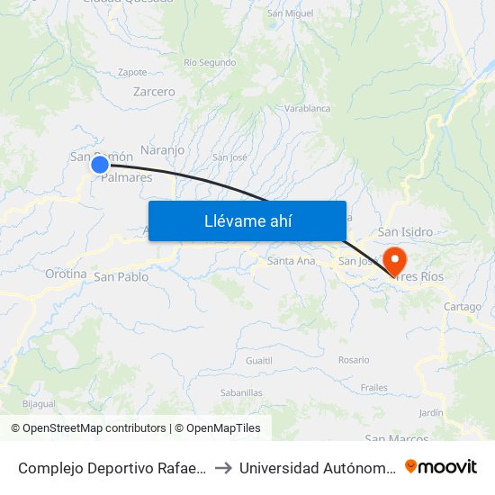Complejo Deportivo Rafael Rodriguez, San Ramón to Universidad Autónoma De Centroamérica map