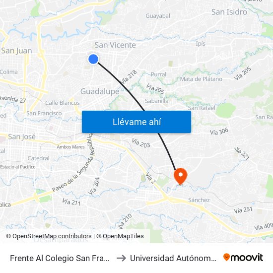 Frente Al Colegio San Francis, Colegios Moravia to Universidad Autónoma De Centroamérica map