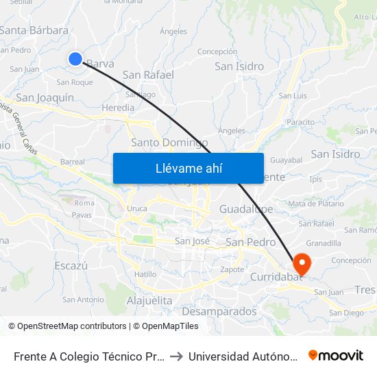 Frente A Colegio Técnico Profesional San Pedro, Barva to Universidad Autónoma De Centroamérica map