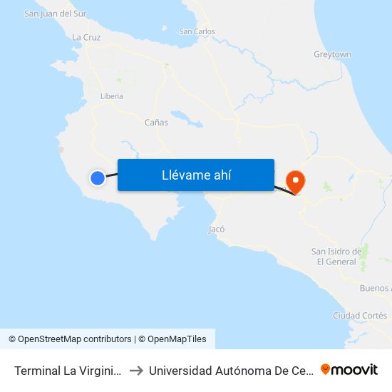 Terminal La Virginia, Nicoya to Universidad Autónoma De Centroamérica map