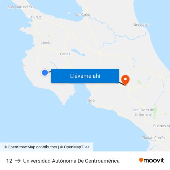 12 to Universidad Autónoma De Centroamérica map