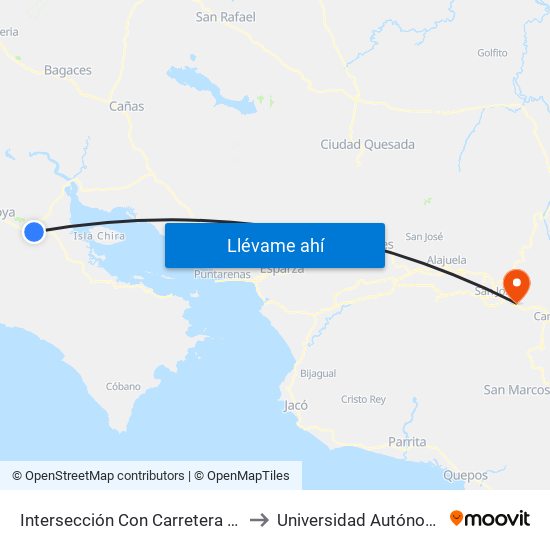 Intersección Con Carretera Paso Del Tempisque, Nicoya to Universidad Autónoma De Centroamérica map