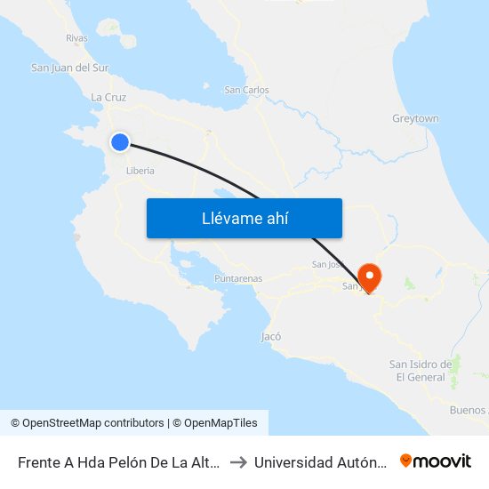 Frente A Hda Pelón De La Altura, Interamericana Norte Liberia to Universidad Autónoma De Centroamérica map