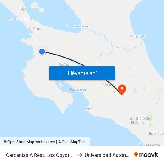 Cercanías A Rest. Los Coyotes, Interamericana Norte Liberia to Universidad Autónoma De Centroamérica map