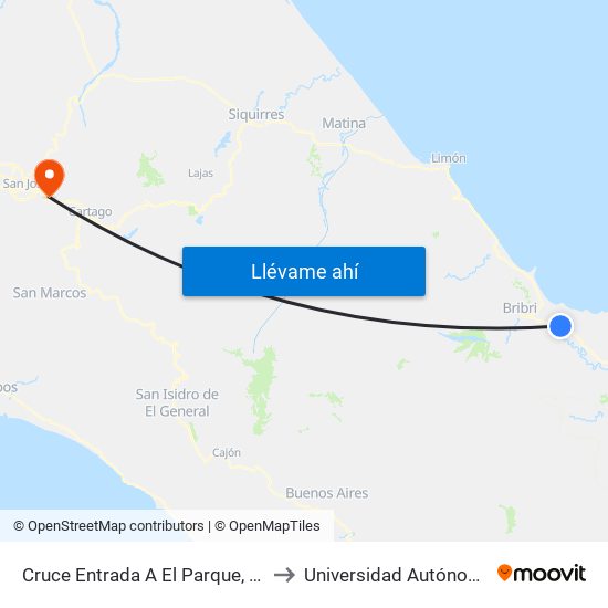 Cruce Entrada A El Parque, Corredor Caribe Talamanca to Universidad Autónoma De Centroamérica map