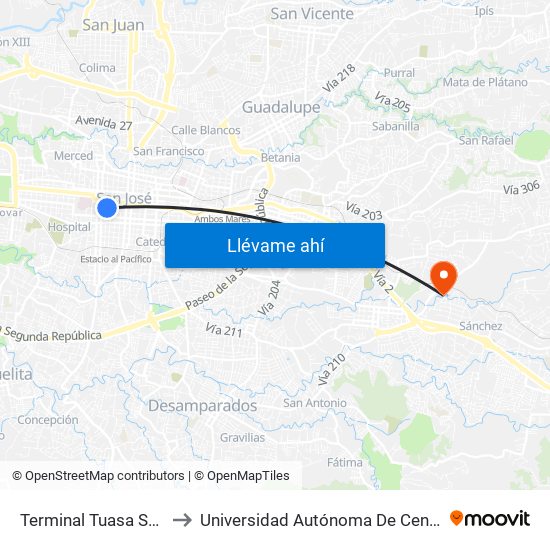 Terminal Tuasa San José to Universidad Autónoma De Centroamérica map