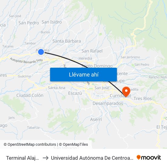 Terminal Alajuela to Universidad Autónoma De Centroamérica map