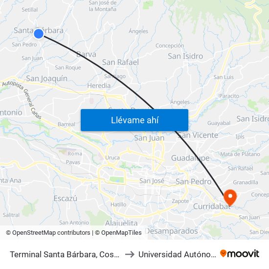 Terminal Santa Bárbara, Costado Sur Parque Santa Bárbara to Universidad Autónoma De Centroamérica map