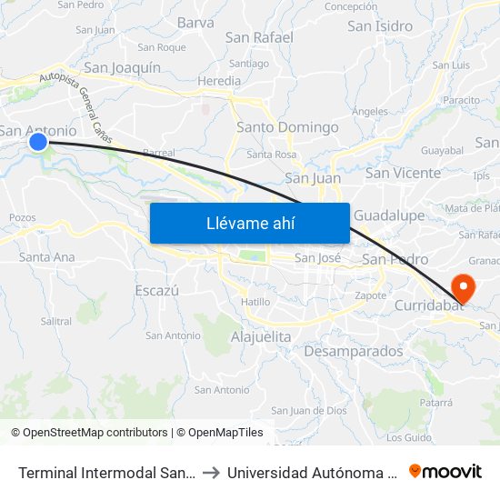 Terminal Intermodal San Antonio De Belén to Universidad Autónoma De Centroamérica map