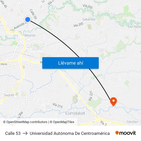 Calle 53 to Universidad Autónoma De Centroamérica map