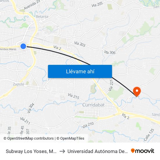 Subway Los Yoses, Montes De Oca to Universidad Autónoma De Centroamérica map