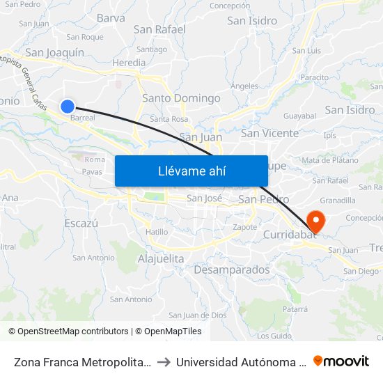 Zona Franca Metropolitana, Barreal Heredia to Universidad Autónoma De Centroamérica map