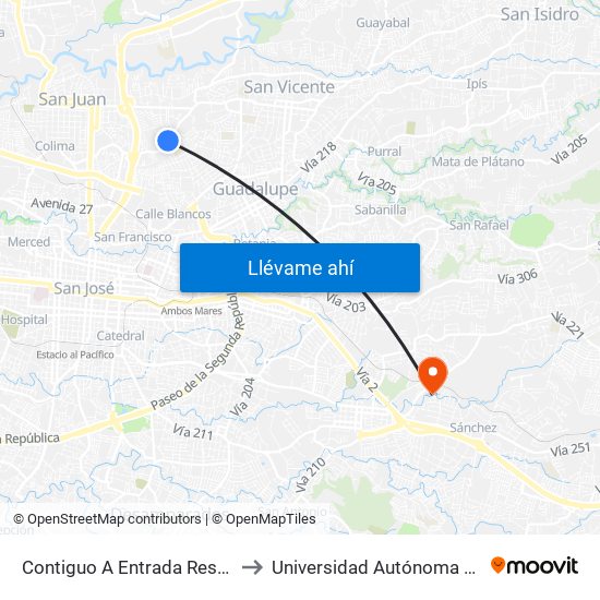 Contiguo A Entrada Resid. Llorente, Tibás to Universidad Autónoma De Centroamérica map