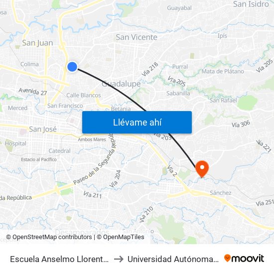 Escuela Anselmo Llorente Y La Fuente, Tibás to Universidad Autónoma De Centroamérica map