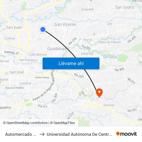 Automercado Tibás to Universidad Autónoma De Centroamérica map