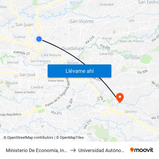 Ministerio De Economía, Industria Y Comercio, Tibás to Universidad Autónoma De Centroamérica map