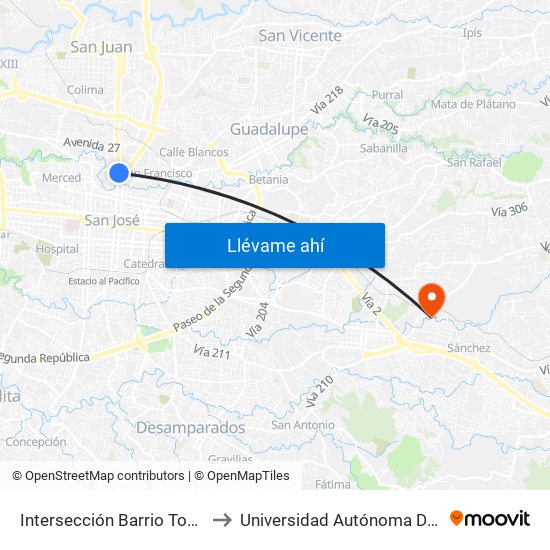 Intersección Barrio Tournon, San José to Universidad Autónoma De Centroamérica map