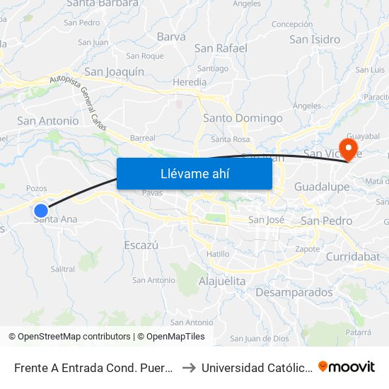 Frente A Entrada Cond. Puerta De Hierro, Santa Ana to Universidad Católica De Costa Rica map