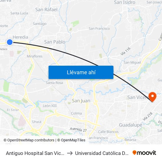 Antiguo Hospital San Vicente De Paul to Universidad Católica De Costa Rica map