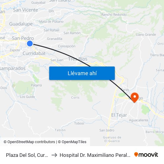 Plaza Del Sol, Curridabat to Hospital Dr. Maximiliano Peralta Jiménez map