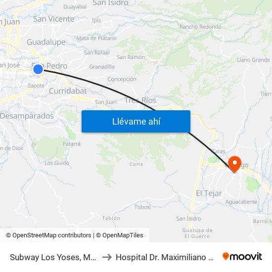 Subway Los Yoses, Montes De Oca to Hospital Dr. Maximiliano Peralta Jiménez map