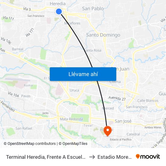 Terminal Heredia, Frente A Escuela Braulio Morales to Estadio Moreno Cartín map