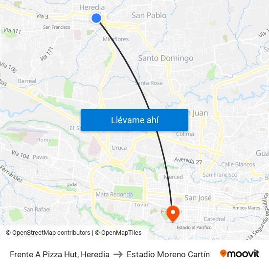 Frente A Pizza Hut, Heredia to Estadio Moreno Cartín map
