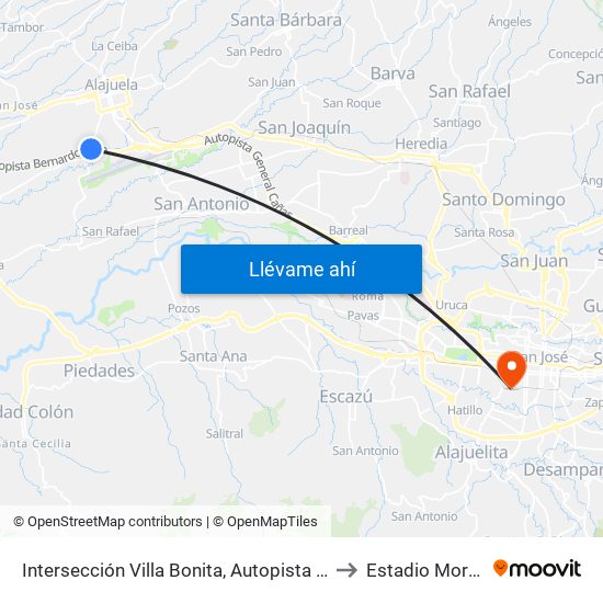 Intersección Villa Bonita, Autopista Bernardo Soto Alajuela to Estadio Moreno Cartín map