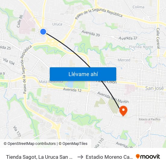 Tienda Sagot, La Uruca San José to Estadio Moreno Cartín map