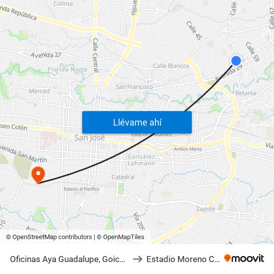 Oficinas Aya Guadalupe, Goicoechea to Estadio Moreno Cartín map