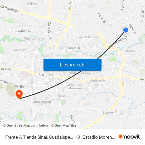 Frente A Tienda Sinaí, Guadalupe Goicoechea to Estadio Moreno Cartín map